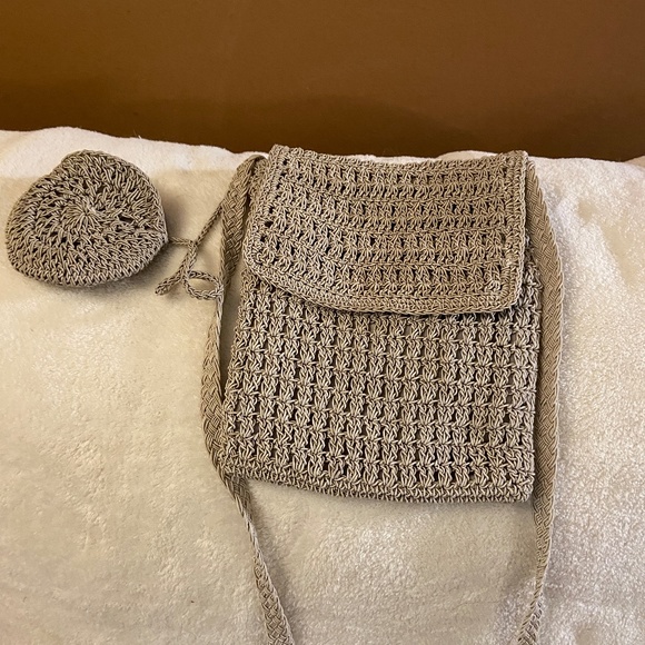 Handbags - SMALL CROCHET PURSE TAUPE CREAM COLOR